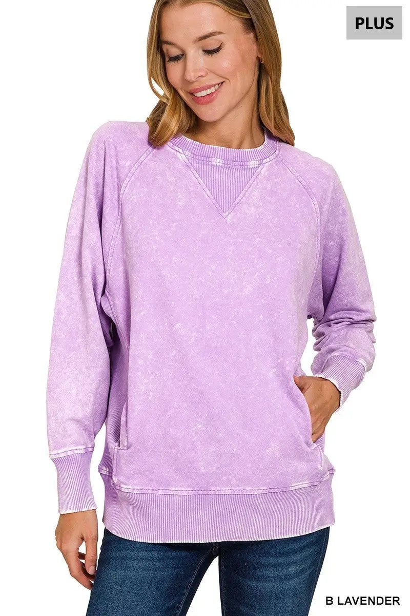 Zenana Zenana Plus Acid Washed French Terry Pullover with Pockets - Sweatshirts Zenana Plus Acid Washed French Terry Pullover with Pockets