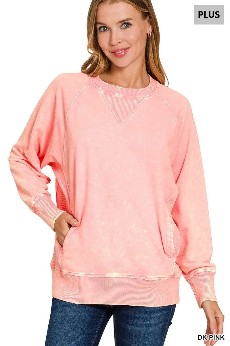 Zenana Zenana Plus Acid Washed French Terry Pullover with Pockets - Sweatshirts Zenana Plus Acid Washed French Terry Pullover with Pockets
