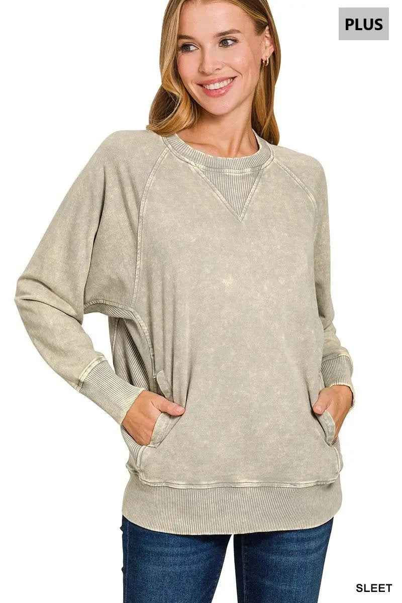 Zenana Zenana Plus Acid Washed French Terry Pullover with Pockets - Sweatshirts Zenana Plus Acid Washed French Terry Pullover with Pockets