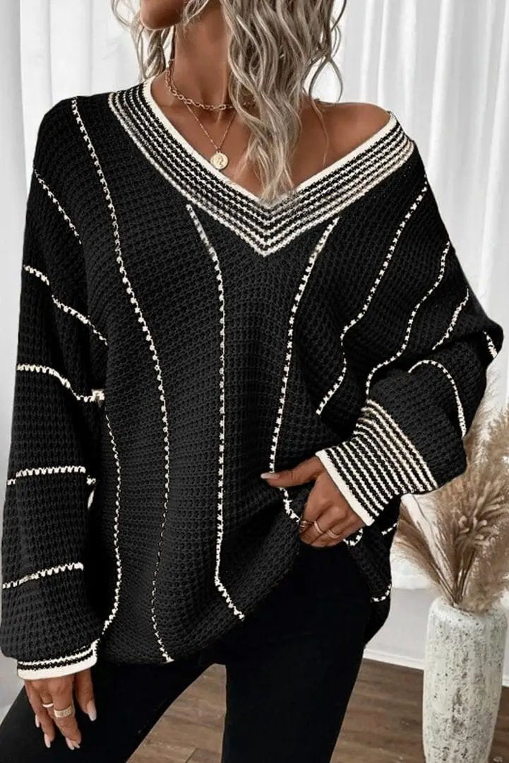 Grateful Threads Boutique Monochrome Muse V-Neck Loose Knit Sweater - Sweaters