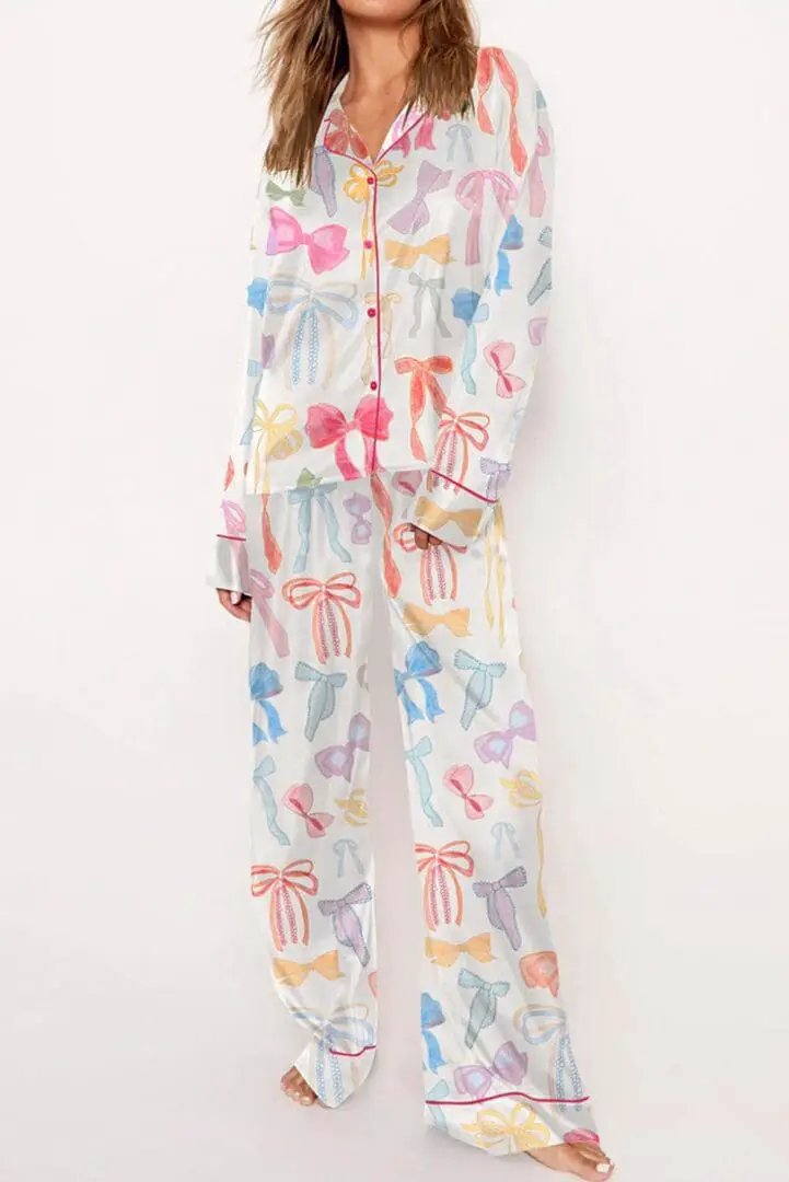 Grateful Threads Boutique White Bow Knot Print Lapel Pajama Set – Chic & Cozy Sleepwear - Pajamas