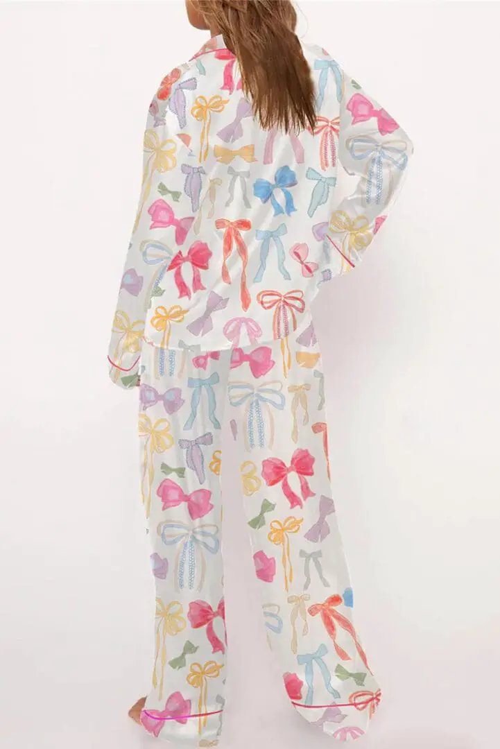 Grateful Threads Boutique White Bow Knot Print Lapel Pajama Set – Chic & Cozy Sleepwear - Pajamas
