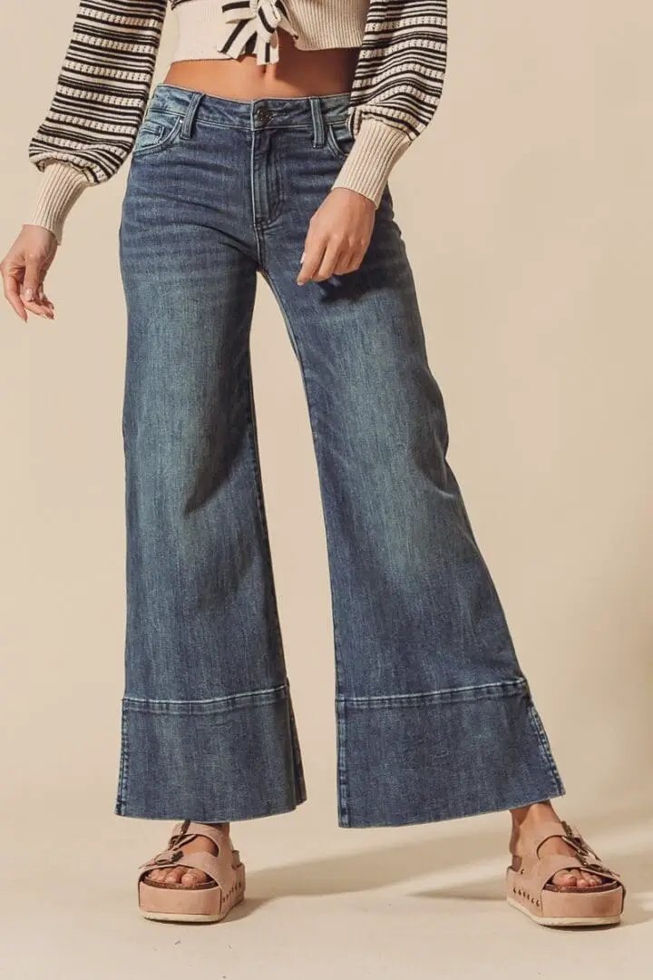So Me So Me Wide Leg Flare Denim Jeans with Side Slits - Jeans