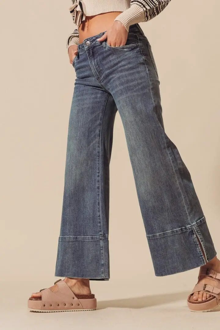So Me So Me Wide Leg Flare Denim Jeans with Side Slits - Jeans