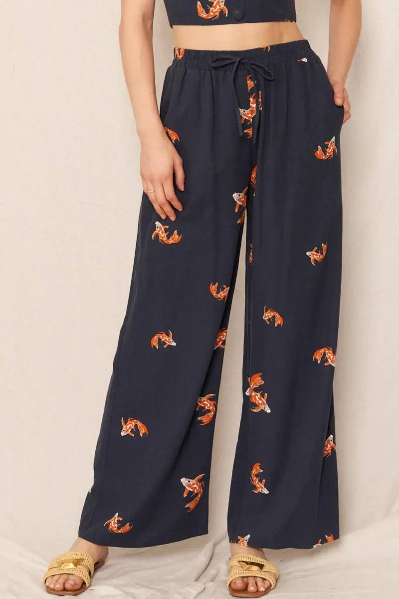 En Crème En Crème Navy & Orange Koi Fish Print Wide Leg Pants - Pants wide leg pants