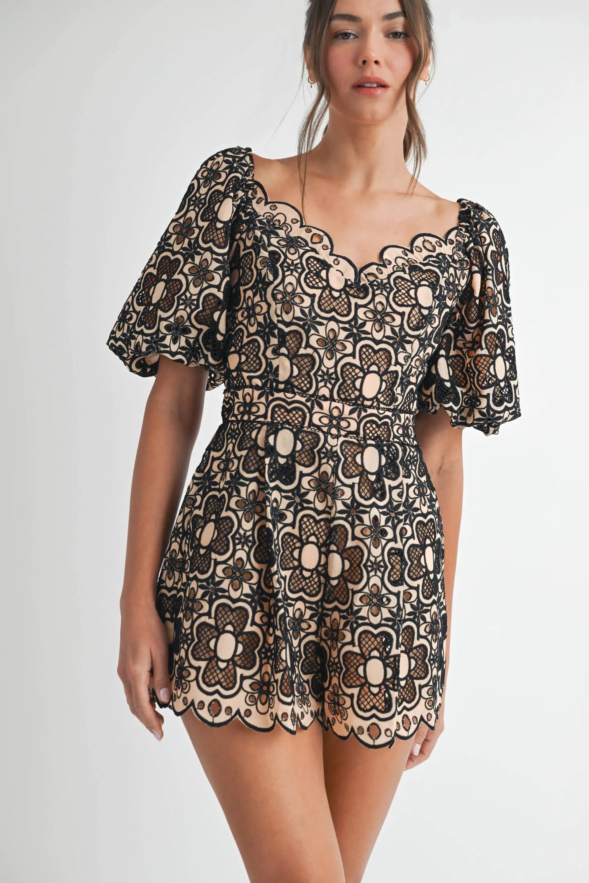 Endless Blu Endless Blu Taupe and Black Crochet Short Sleeve Romper - One-Pieces