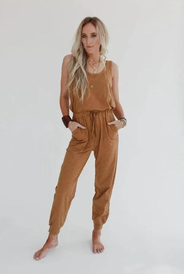 Three Bird Nest Three Bird Nest - Set to Go Textured Jumpsuit And Cardigan Set - Camel - Outfit Sets