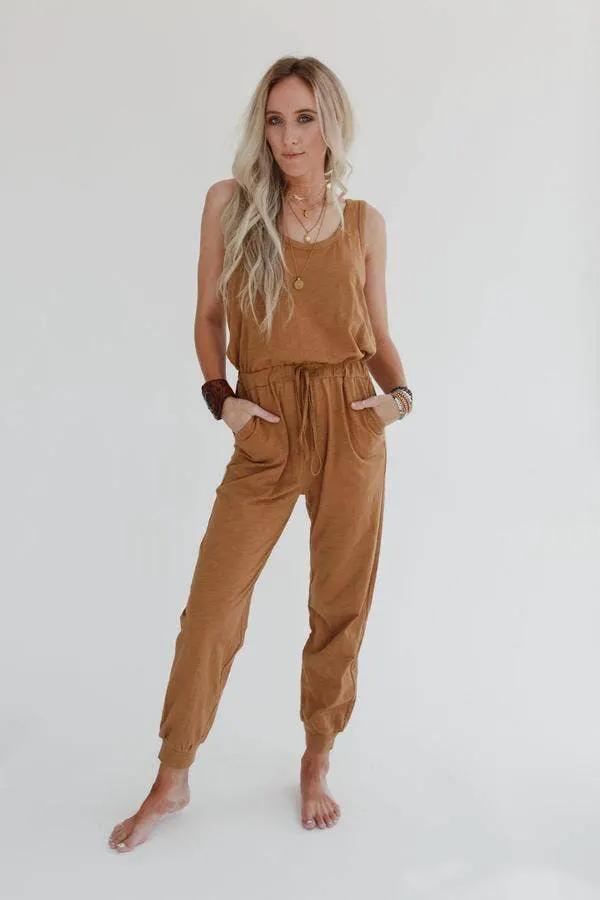 Three Bird Nest Three Bird Nest - Set to Go Textured Jumpsuit And Cardigan Set - Camel - Outfit Sets