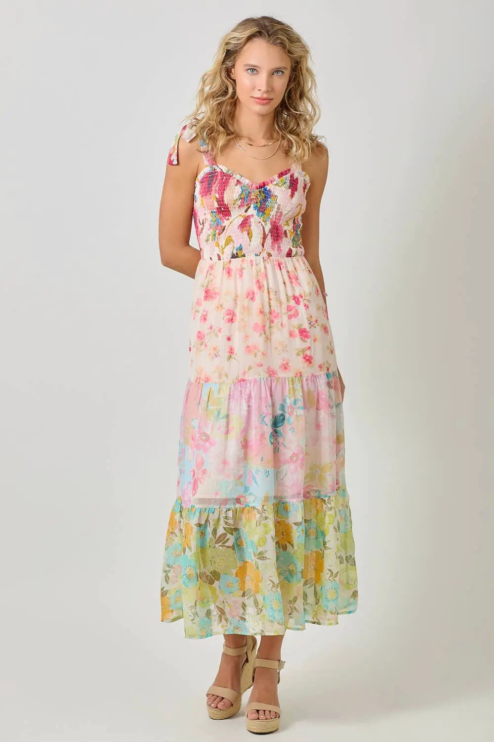 Mystree Mystree Rose Mix Strap Tied Smocked Top Tiered Long Dress - Dresses