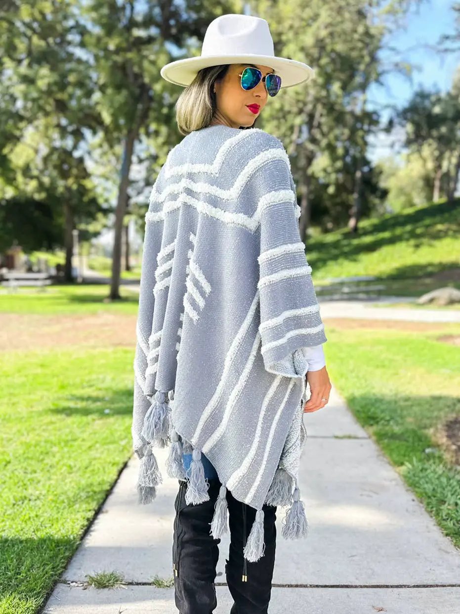 AMOLI AMOLI - Grey Western Textured Pattern with Chunky Tassel Cardigan - Cardigans
