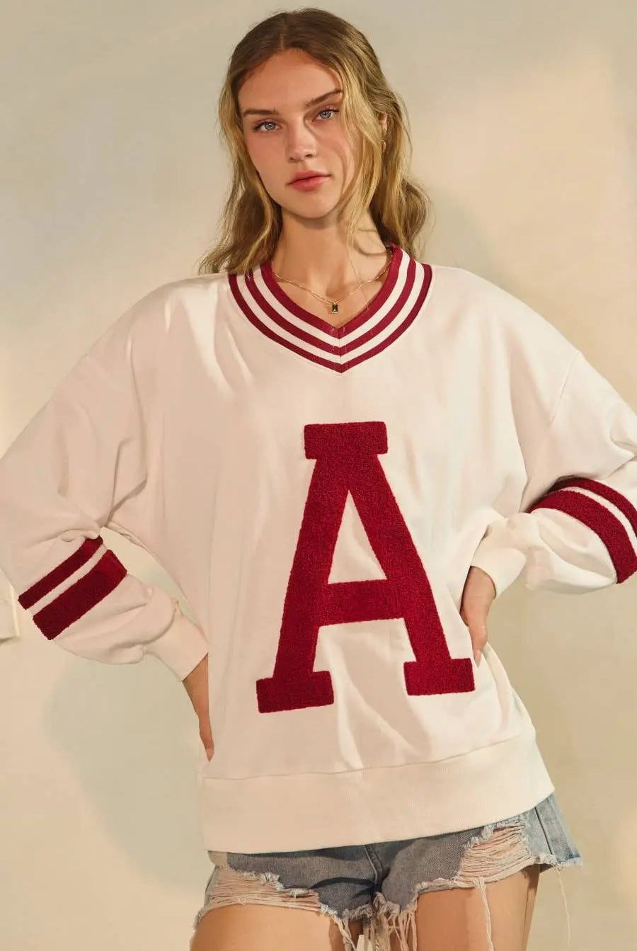 Oddi Oddi - Varsity-Inspired Pullover: White Red Combo - Sweatshirts