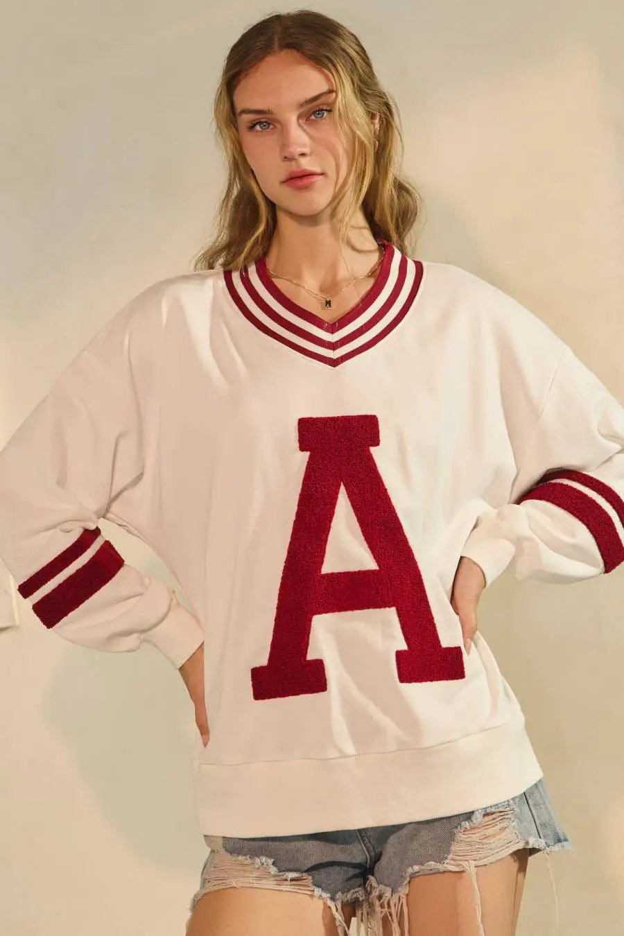Oddi Oddi - Varsity-Inspired Pullover: White Red Combo - Sweatshirts