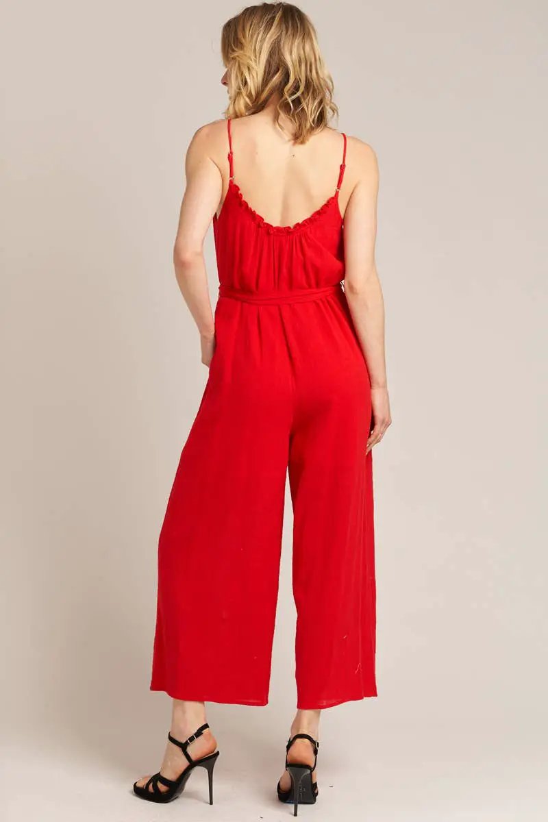 En Crème En Crème Red Sleeveless Belted Jumpsuit - One-Pieces red sleeveless jumpsuit