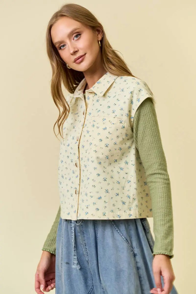 Doe and Rae The Ditsy Floral Button Front Cotton Twill Vest - Vests