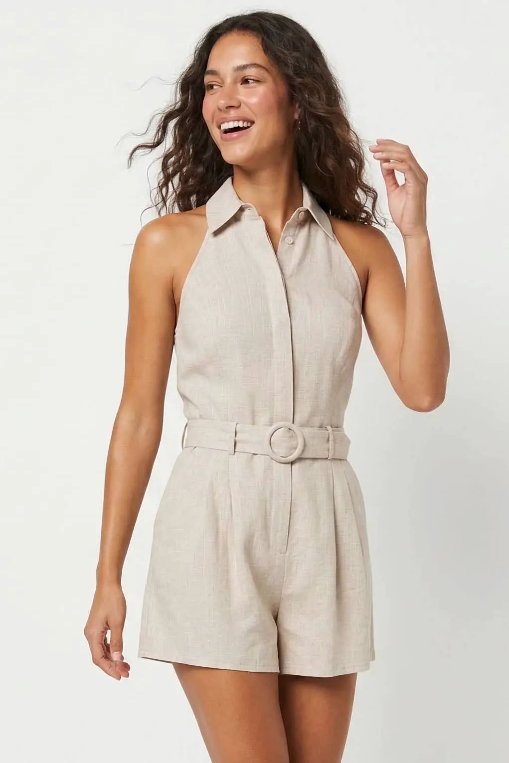 Naked Zebra The Belted Linen Halter Romper: Linen - One-Pieces