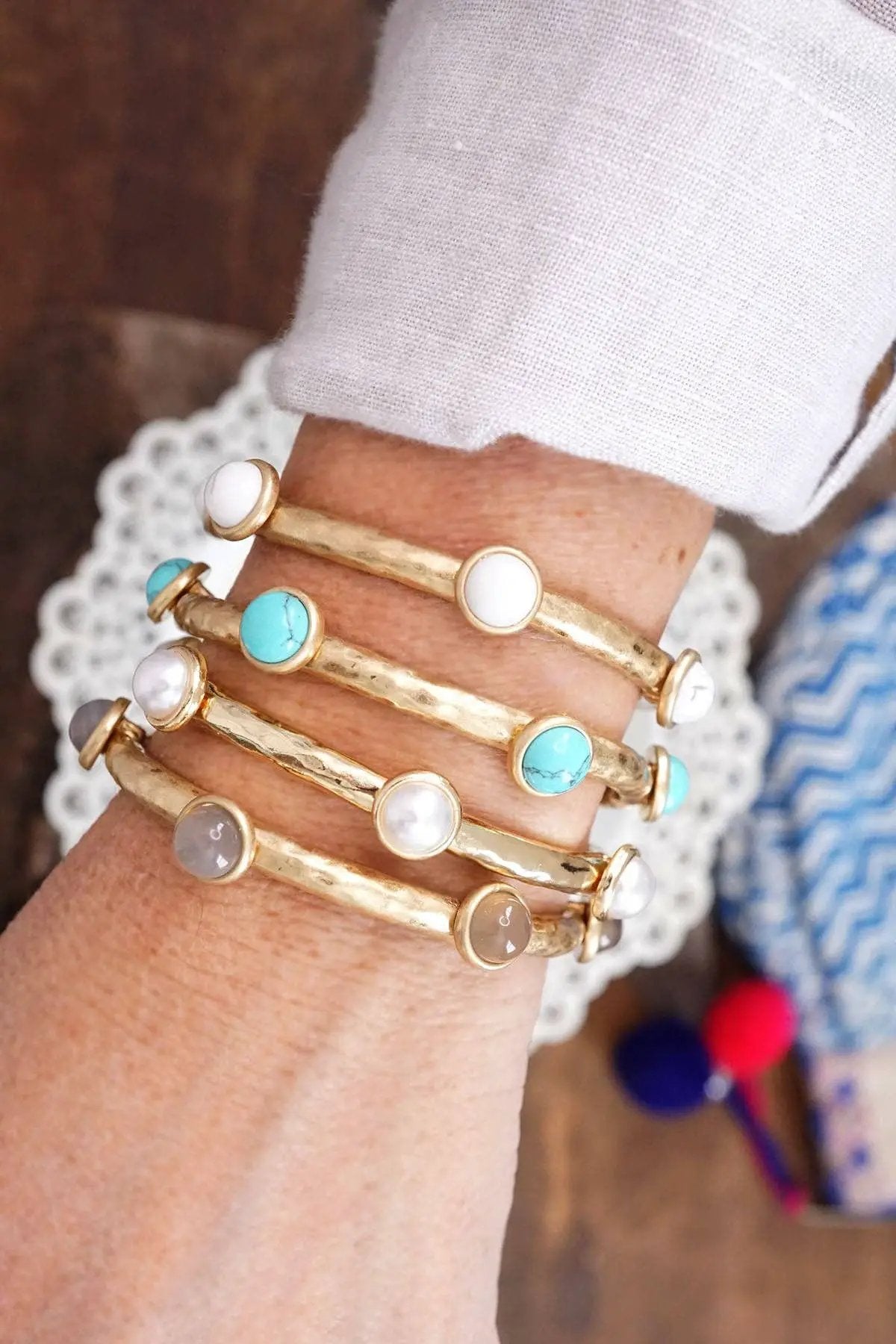 PennyLine inc The Semi Precious Stone Jeweled Golden Bangle- Grey - Jewelry jeweled golden bangle with semi precious stone dots