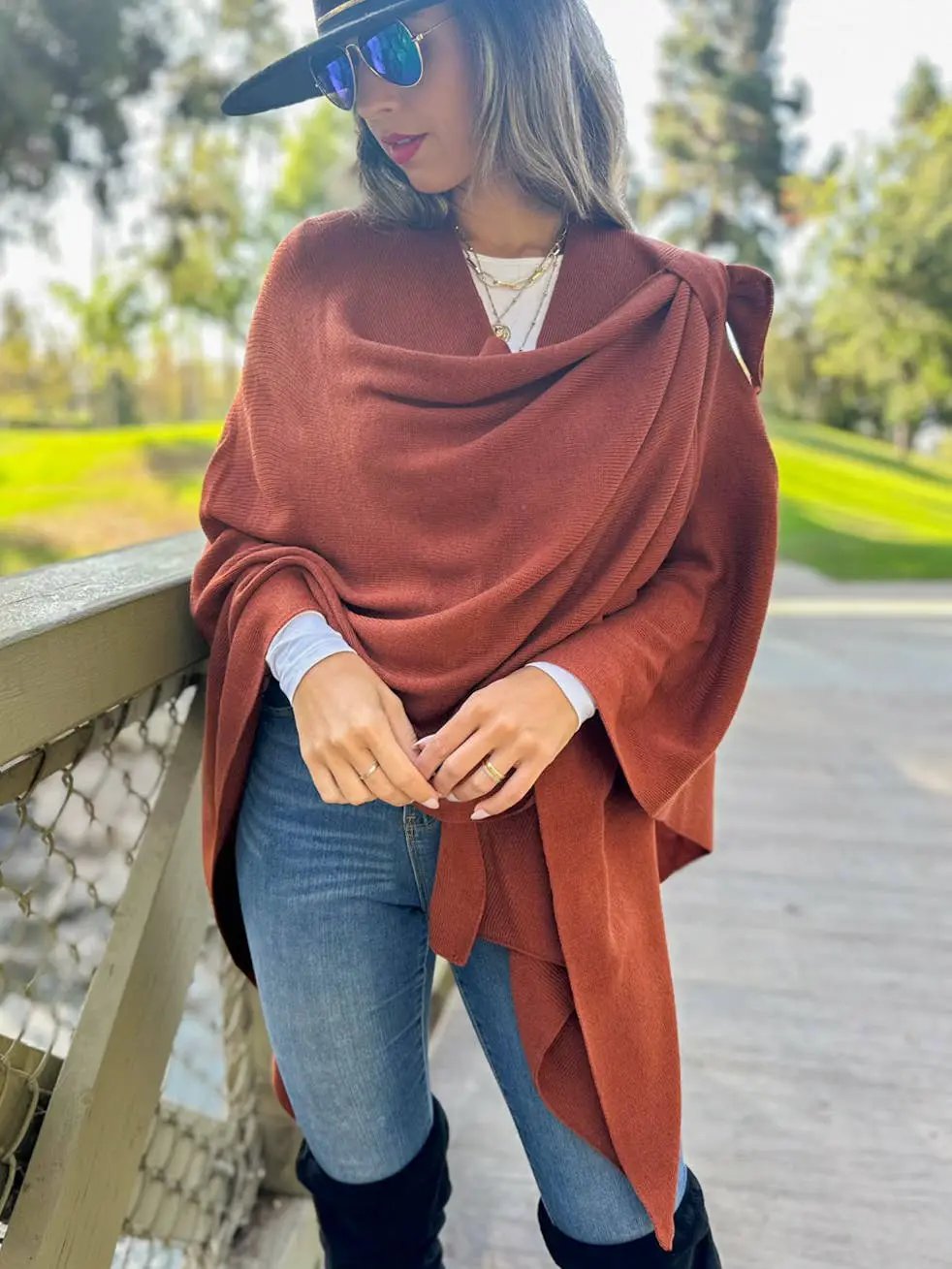 AMOLI AMOLI - Rust Solid Knit Ruana Shawl with Shoulder Strap - Scarves & Shawls