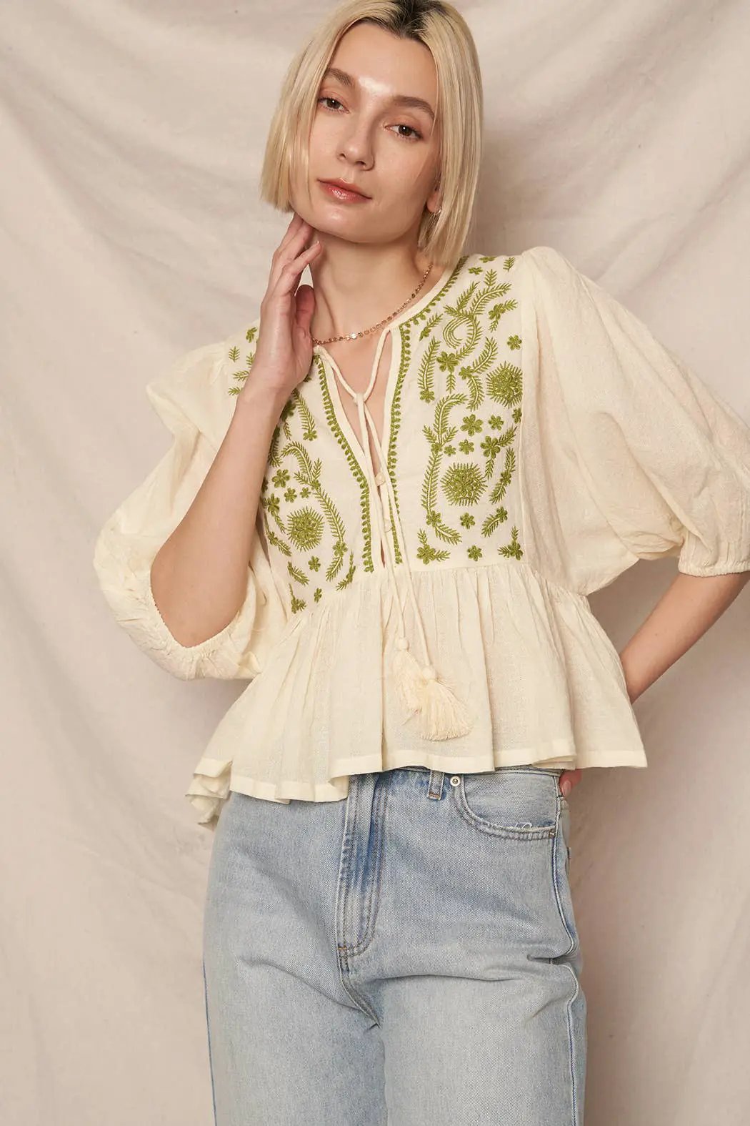 En Crème En Crème Cream Olive Puff Sleeve Peplum Top with Embroidery Detail - Blouses summer crop top