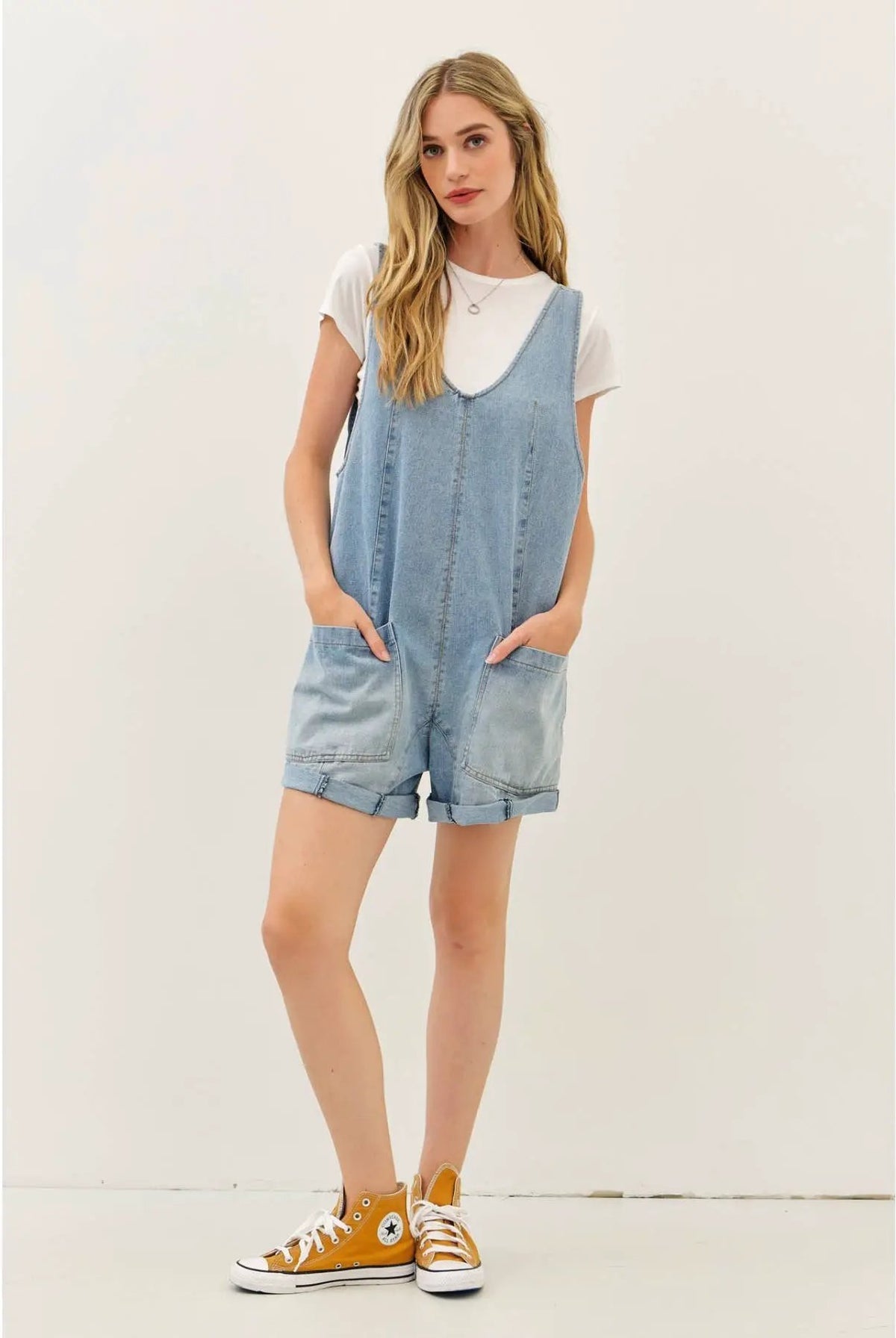 idem ditto RELAXED FIT WASHED DENIM ROMPER WITH FRONT POCKETS - One-Pieces