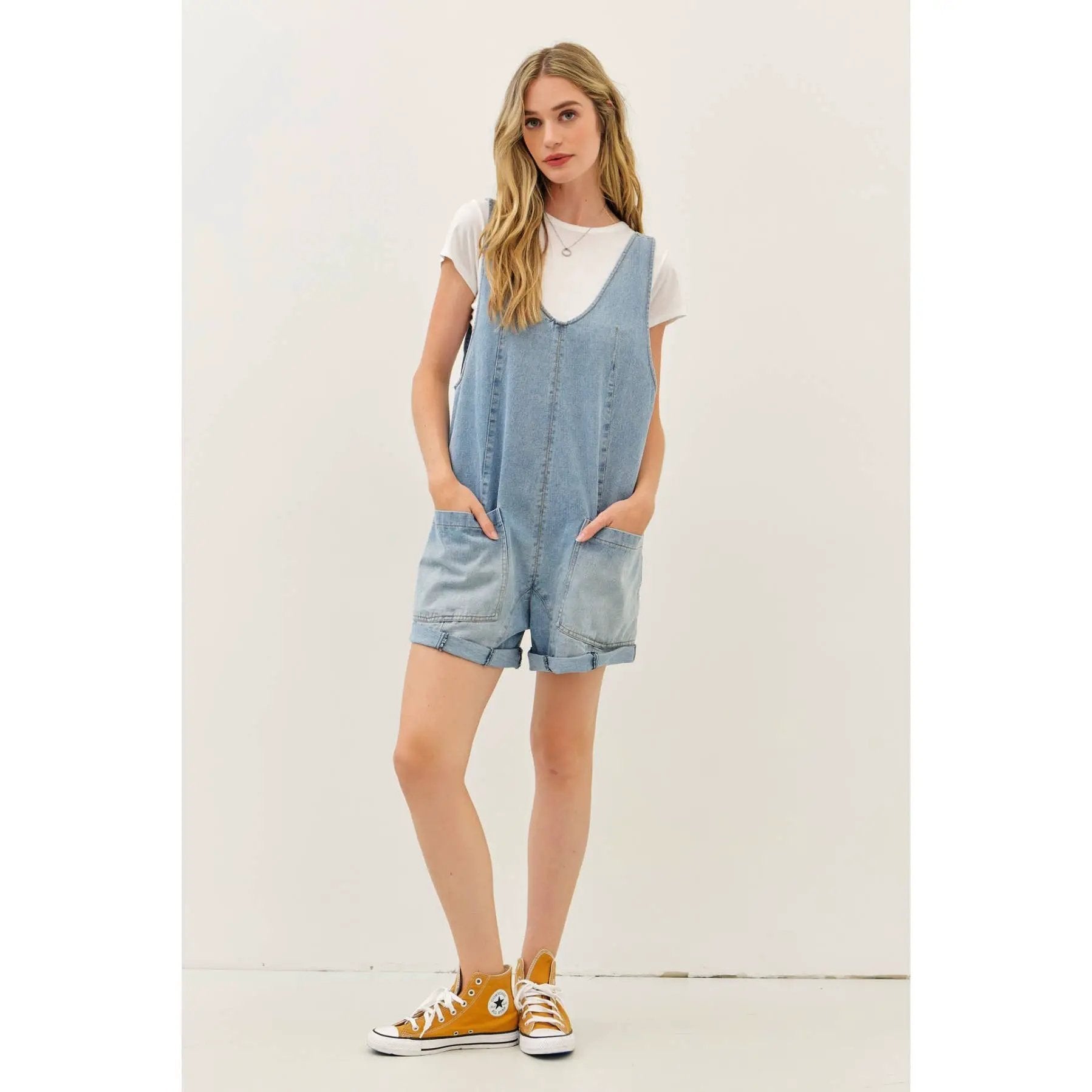 idem ditto RELAXED FIT WASHED DENIM ROMPER WITH FRONT POCKETS - One-Pieces