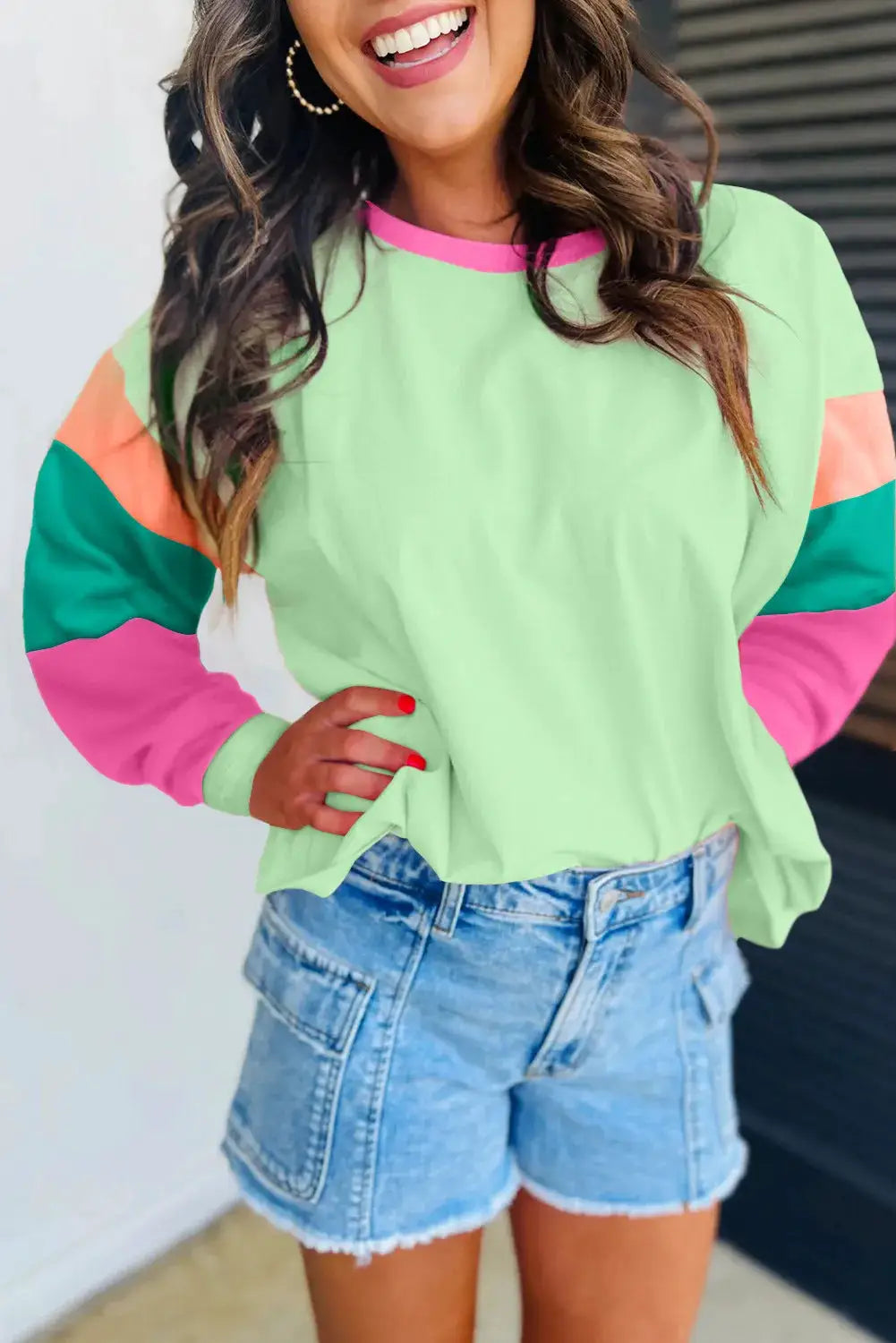 Grateful Threads Boutique Green Colorblock Patchwork Long Sleeve Loose Top - Shirts Green Colorblock Patchwork Long Sleeve Loose Top