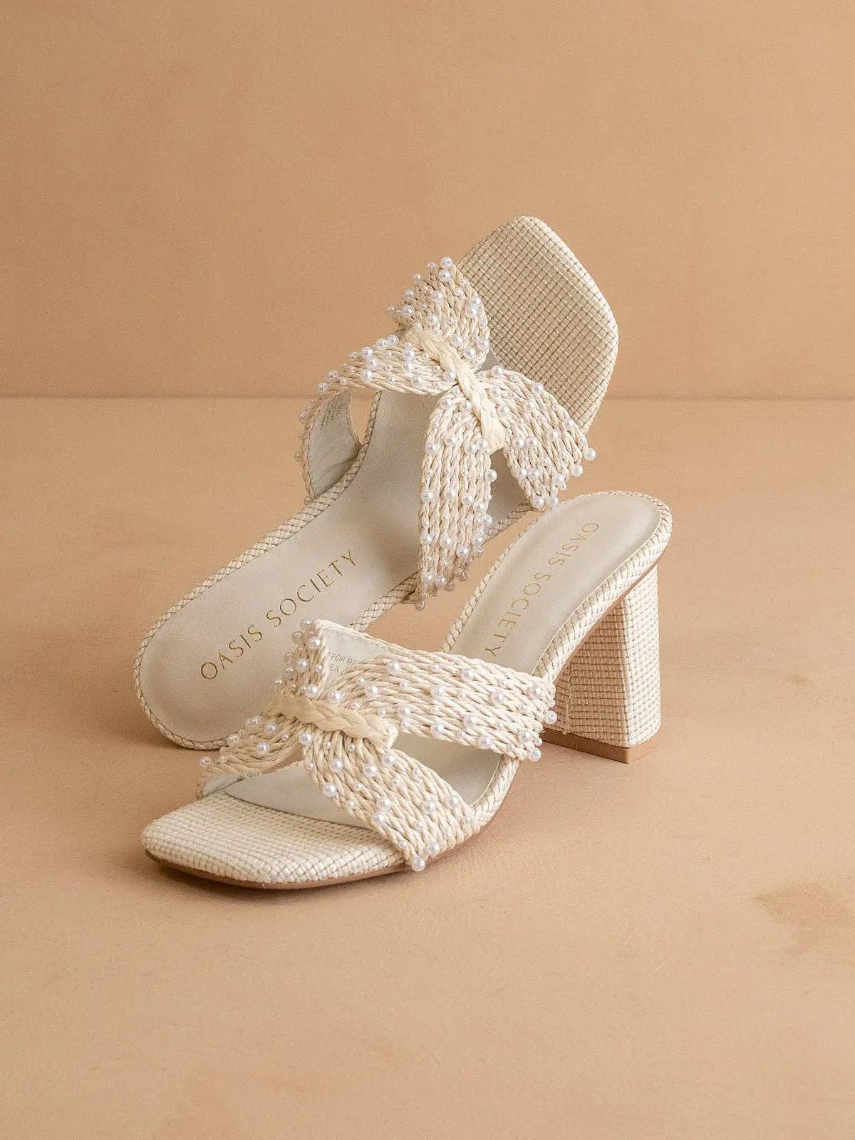 OASIS SOCIETY The Tiara | White Pearl Embroidered Raffia Block Heel - Heels