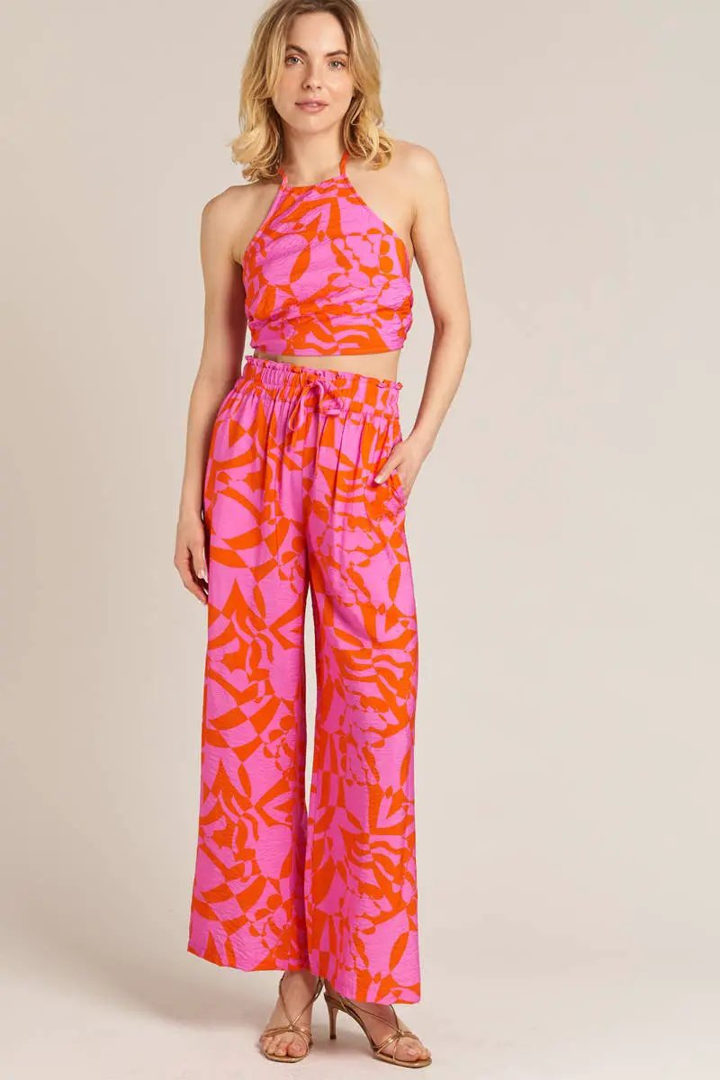 En Crème En Crème Pink Orange Printed Cropped Halter Top and Pants Set - Dresses printed cropped halter top and pant set
