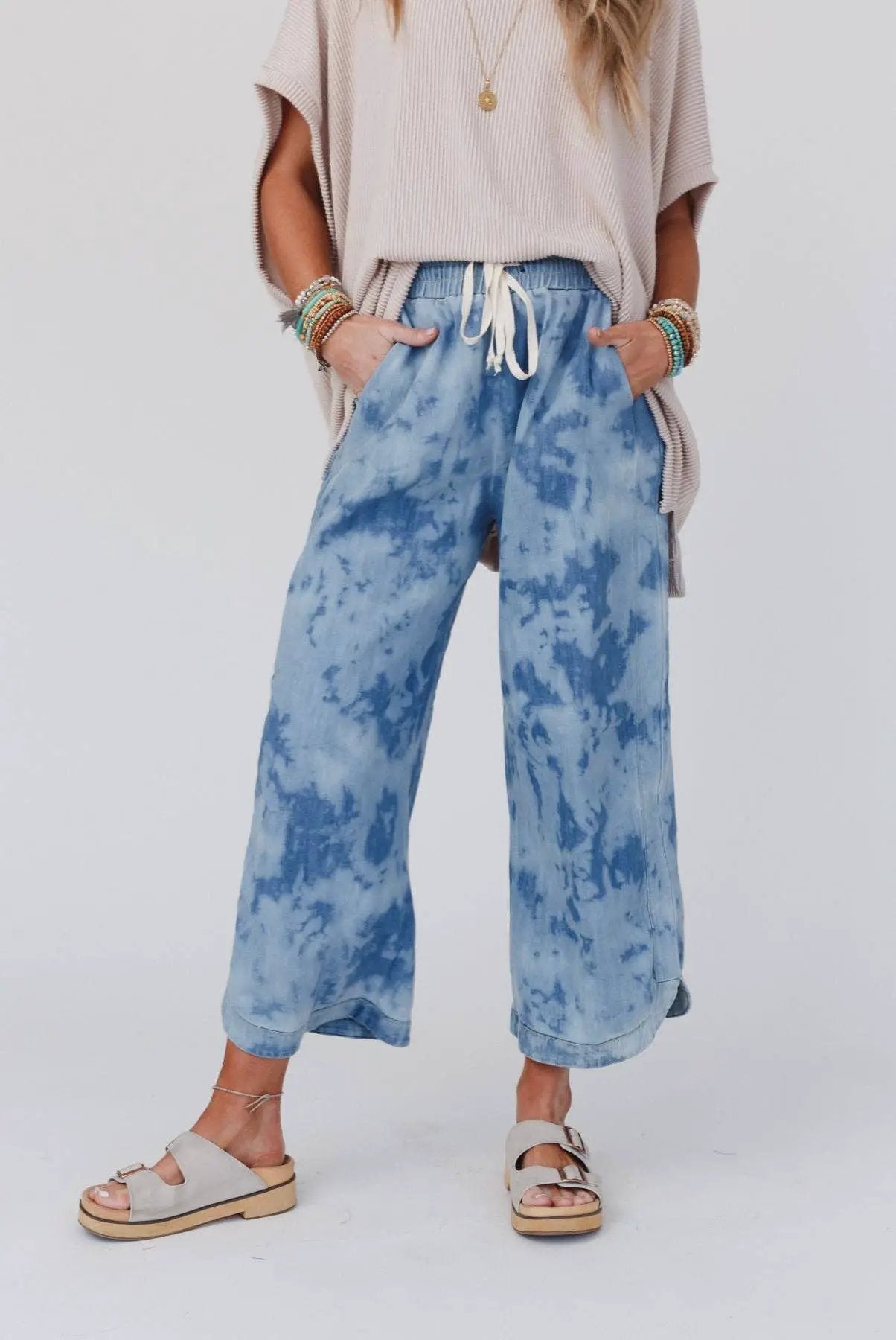 Three Bird Nest Three Bird Nest - So Comfy Wide Leg Cropped Pant - Bleach Dye Denim - Pants
