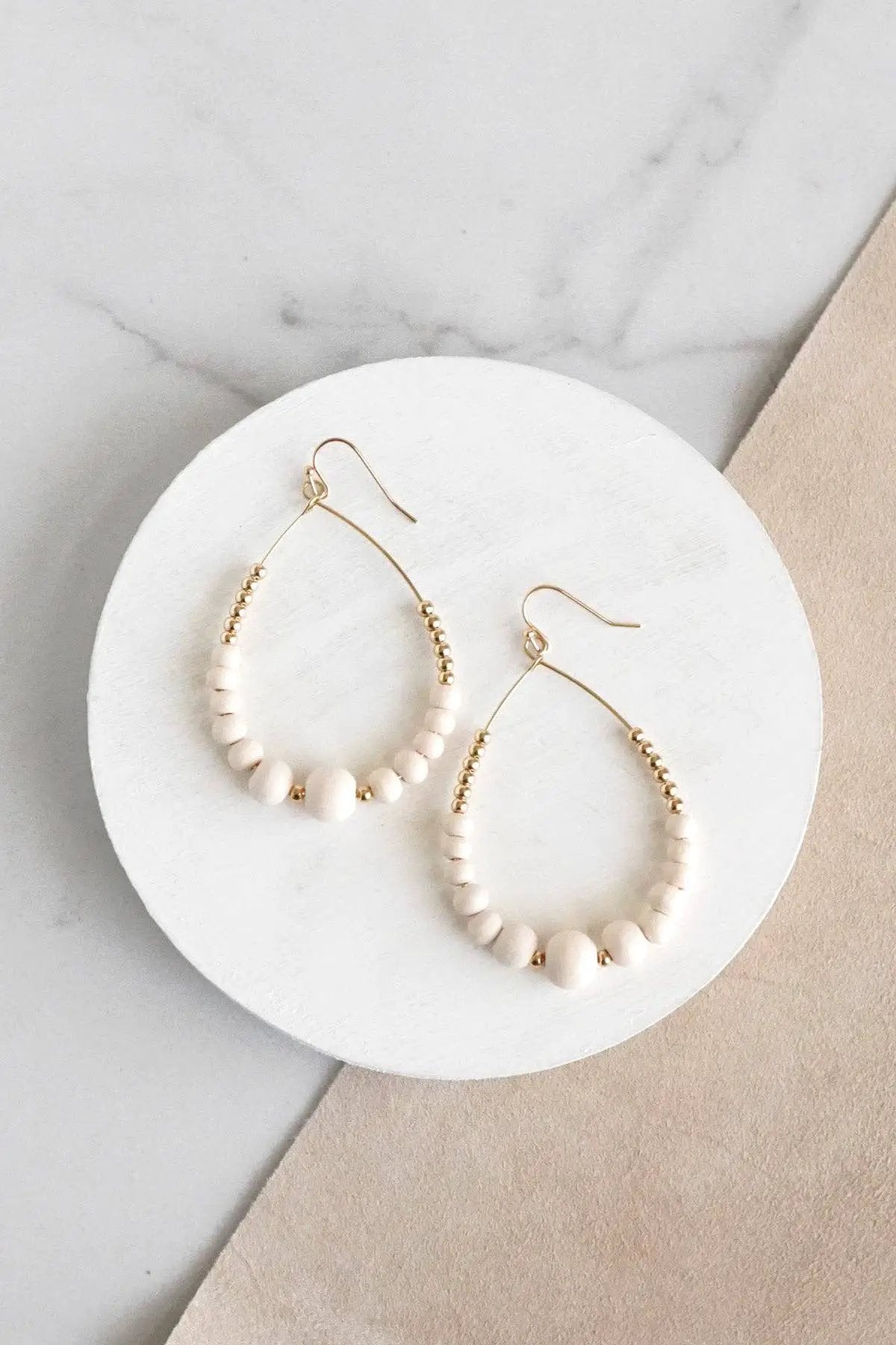 PennyLine inc The Simply Stunning Wooden Teardrop Earrings - Jewelry natural wood & gold beaded teardrop hoop earrings