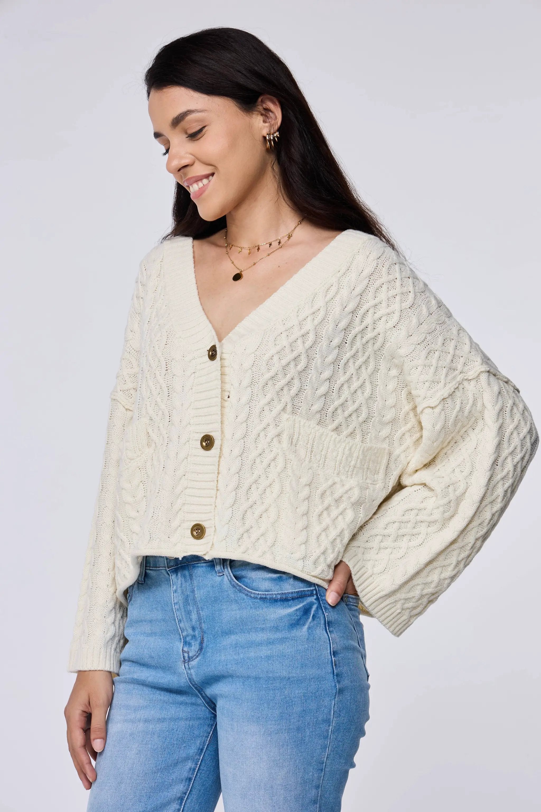 Lovesoft Lovesoft - 100% Acrylic Relaxed Cozy Cable Knit Cardigan - Apricot - Cardigans
