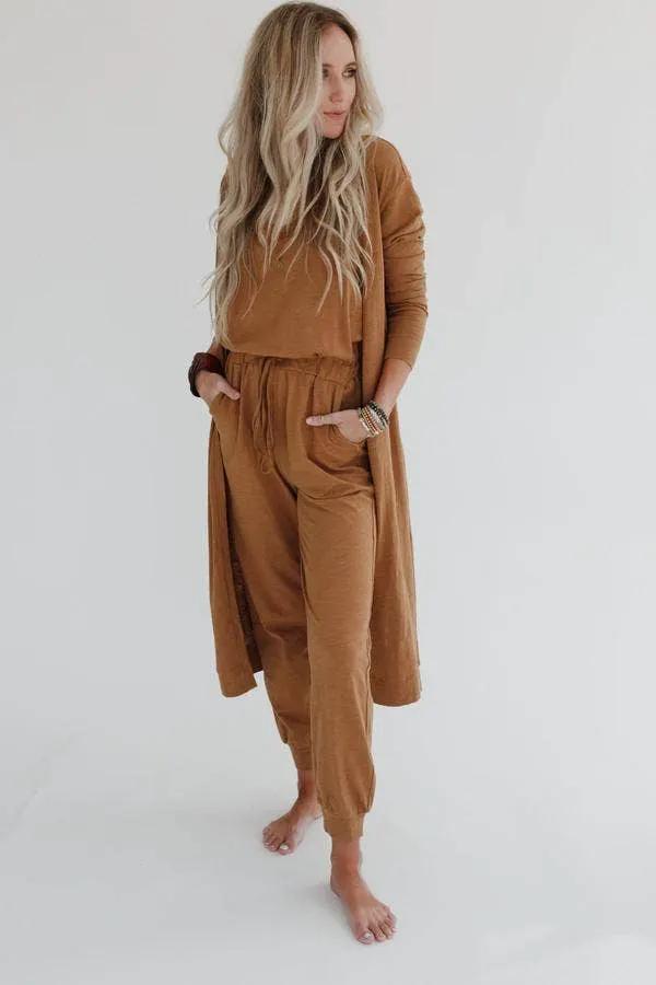 Three Bird Nest Three Bird Nest - Set to Go Textured Jumpsuit And Cardigan Set - Camel - Outfit Sets