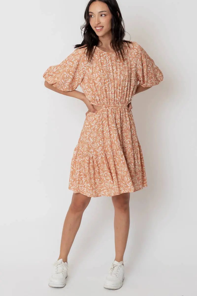 En Crème En Crème Light Brown Balloon Sleeve Mini Dress with Back Buttons - Dresses Balloon sleeve mini dress