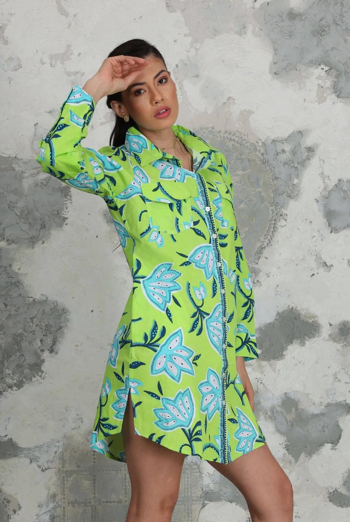 Avani Del Amour Avani Del Amour Lime Green Dancing Flower Long Sleeve Missy Shirt Dress - Dresses