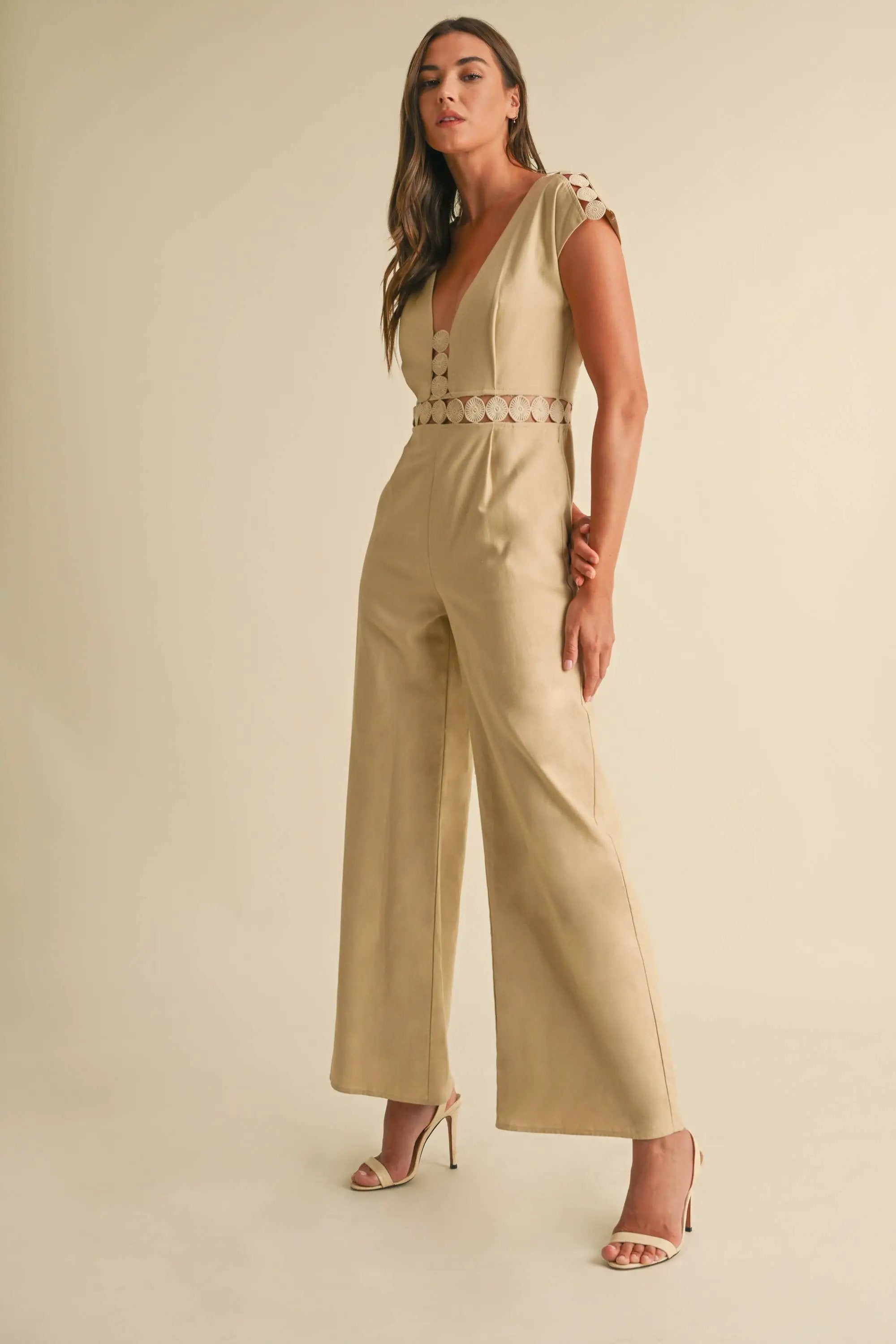 Endless Blu Endless Blu Elegant Crocheted Neckline Beige Linen Jumpsuit - One-Pieces