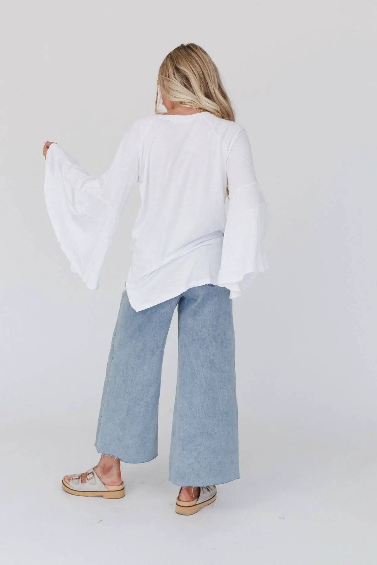 Three Bird Nest Three Bird Nest - Bell Sleeve Baseball Tee - White - Blouses tops-blouses