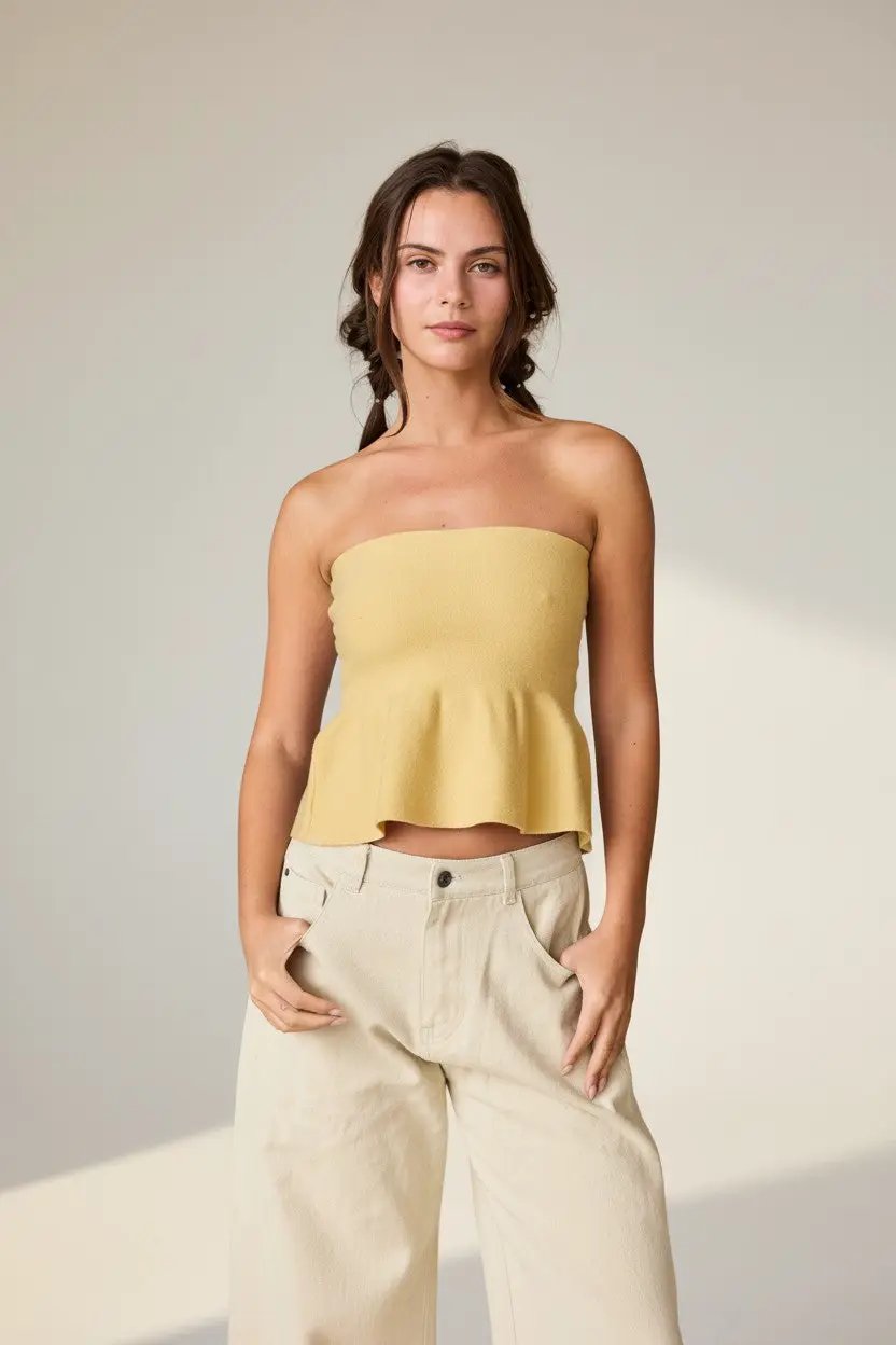 Papermoon The Ellie Strapless Knit Peplum Top: BUTTER - Clothing Tops