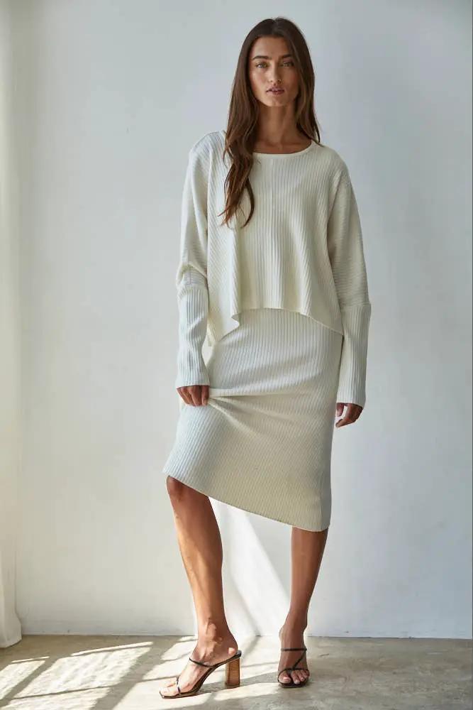 By Together Knit Sweater Ribbed Round Neck Long Sleeve Top in Cream - Sweaters Knit Sweater Ribbed Round Neck Long Sleeve Top