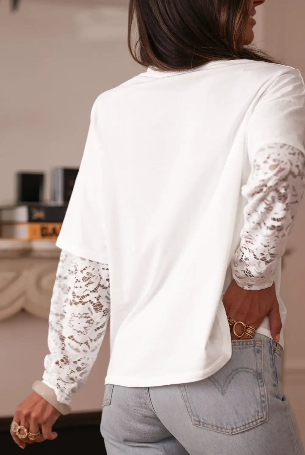 Grateful Threads Boutique White Lace Long Sleeve Insert Drop Shoulder Tee - T-Shirts lace sleeve white tee