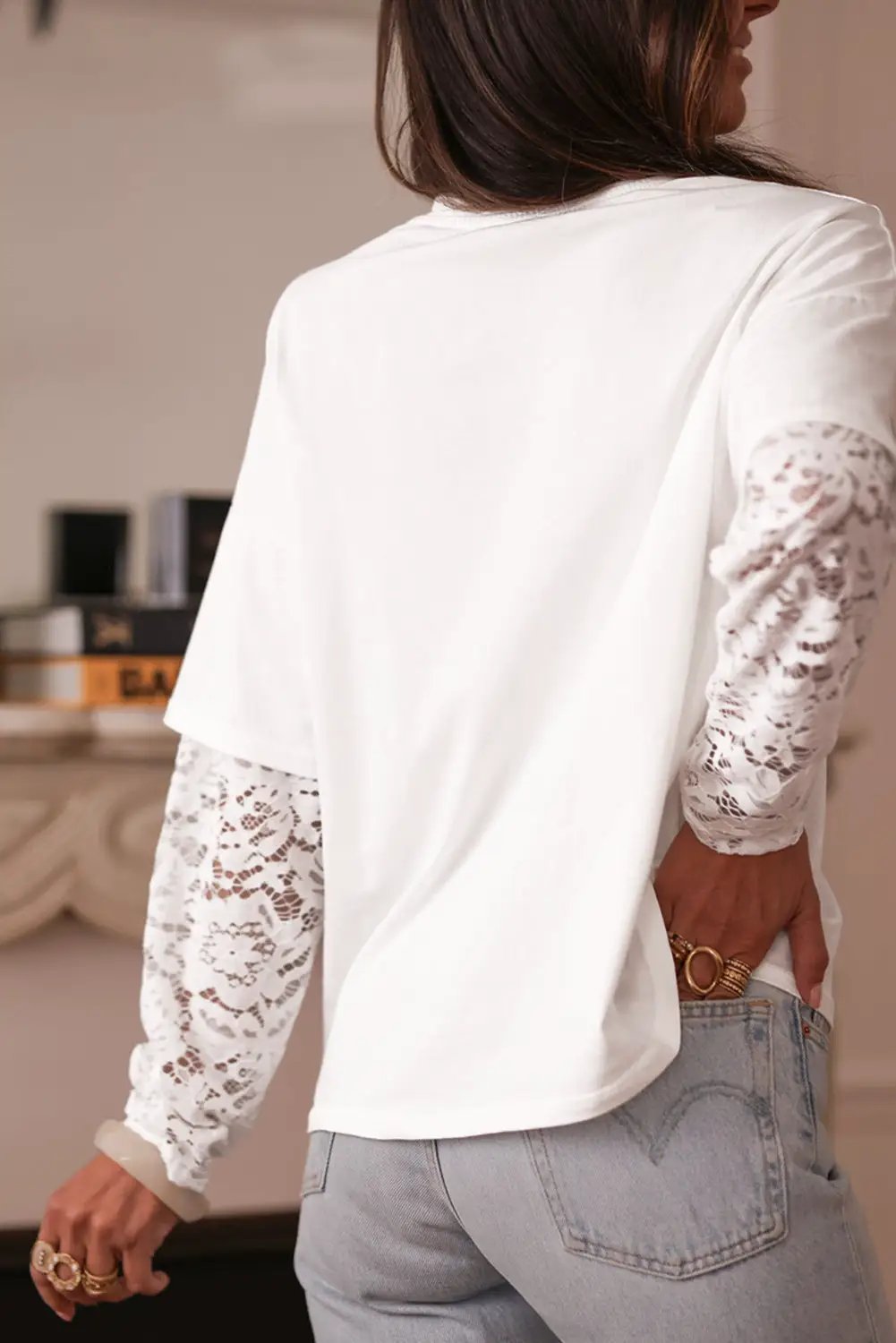 Grateful Threads Boutique White Lace Long Sleeve Insert Drop Shoulder Tee - T-Shirts lace sleeve white tee