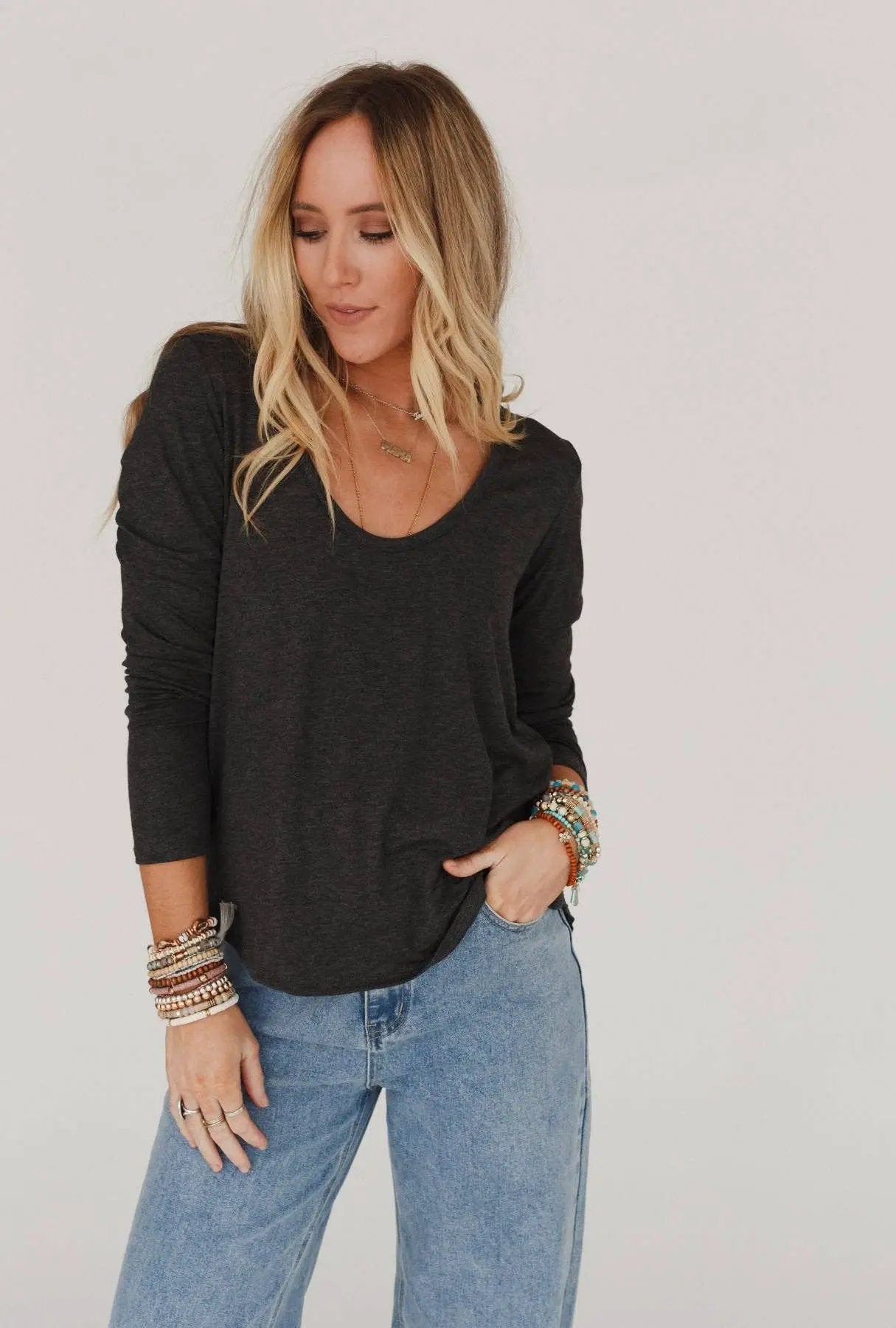 Three Bird Nest Three Bird Nest - Ryder Long Sleeve Bralette Tee - Charcoal - Clothing Tops tops-basics