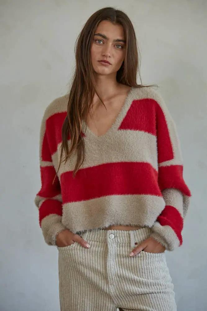 By Together Knit Sweater Nylon Polyester Striped V-Neck Pullover in Red & Taupe Stripe - Sweaters Knit Sweater Nylon Polyester Striped V-Neck Pullover