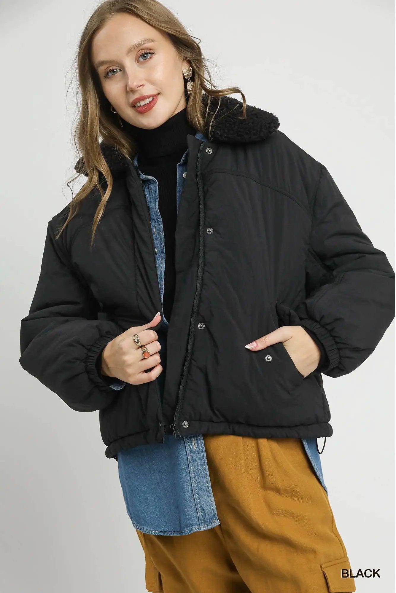 STYLE USA STYLE USA - Cold Front Confidence Black Sherpa Collar Puffer Jacket - Coats & Jackets