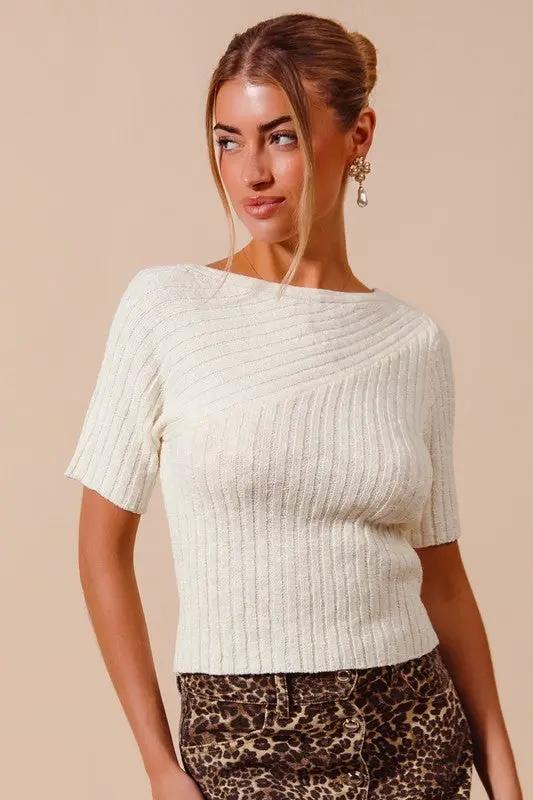 So Me Bias Knitted Boat Neck Fitted Rib Neck Ivory Sweater Top - Sweaters knitted boat neck sweater top