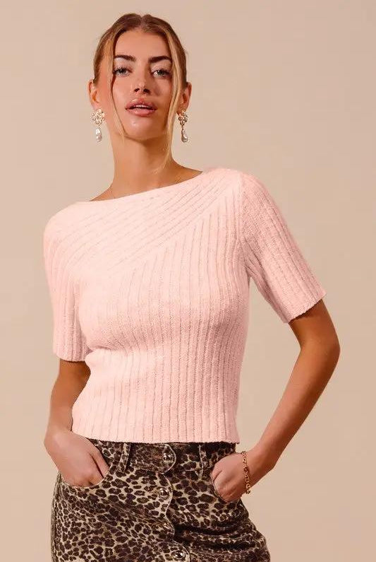 So Me Bias Knitted Boat Neck Fitted Rib Neck Ivory Sweater Top - Sweaters knitted boat neck sweater top