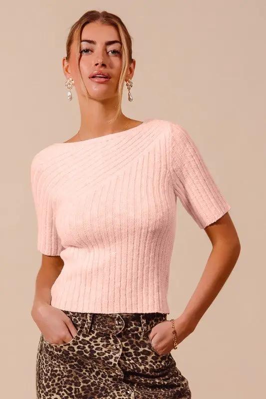 So Me Bias Knitted Boat Neck Fitted Rib Neck Ivory Sweater Top - Sweaters knitted boat neck sweater top
