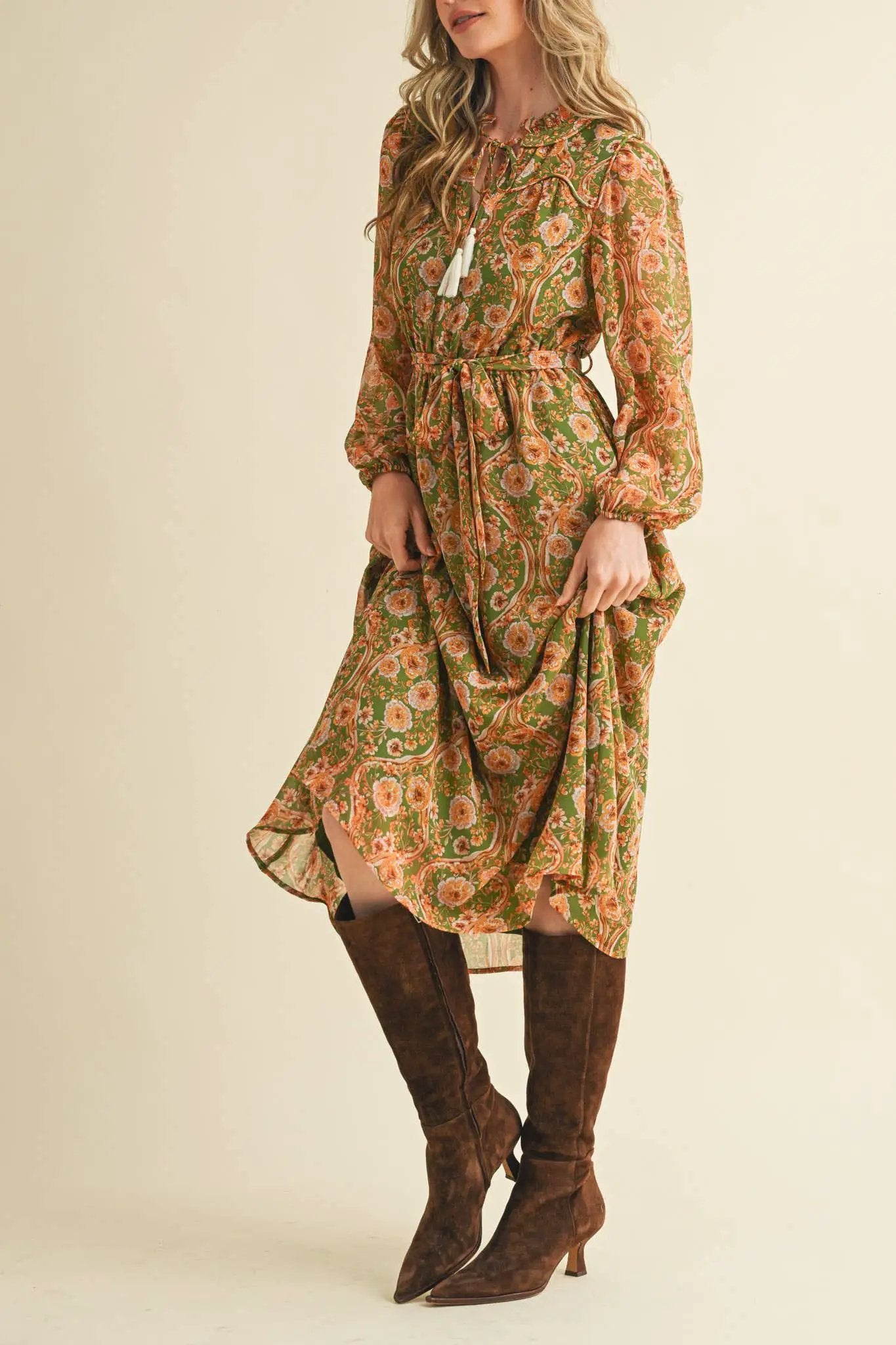 &MERCI Golden Grove Tassel Belted Midi Dress – Olive Floral - Dresses