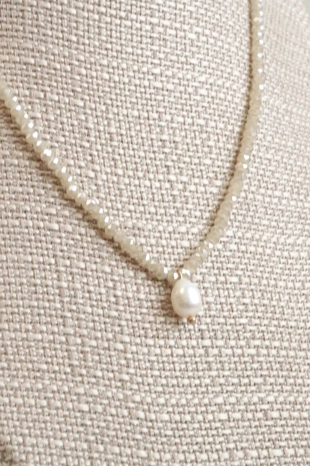 PennyLine inc The Beige Glass Beaded Chain Freshwater Pearl Pendant Necklace - Jewelry short necklace glass beads pendant beige