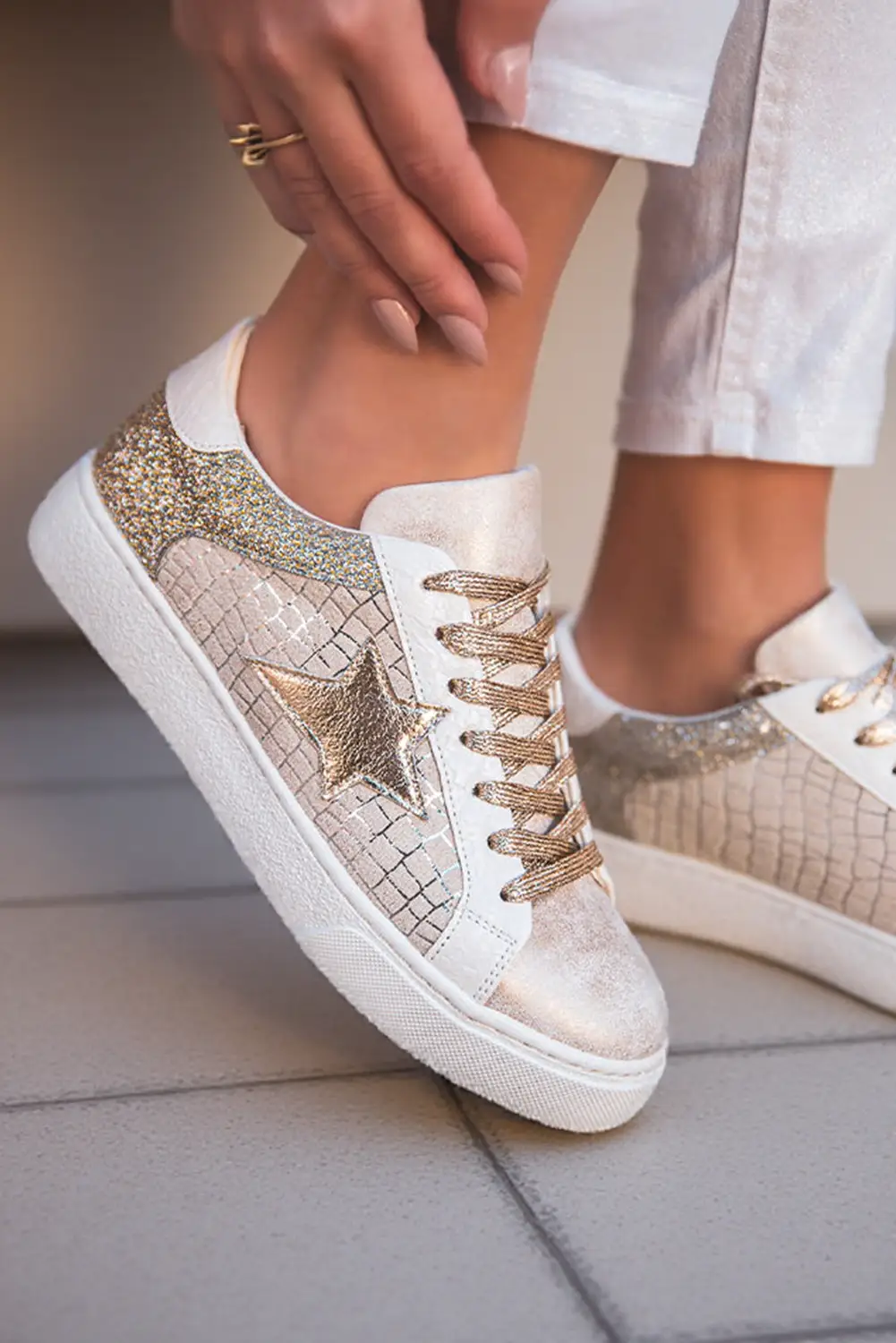 1 the Woman Glitter Star Patchwork PU Leather Lace-up Sneakers - Sneakers