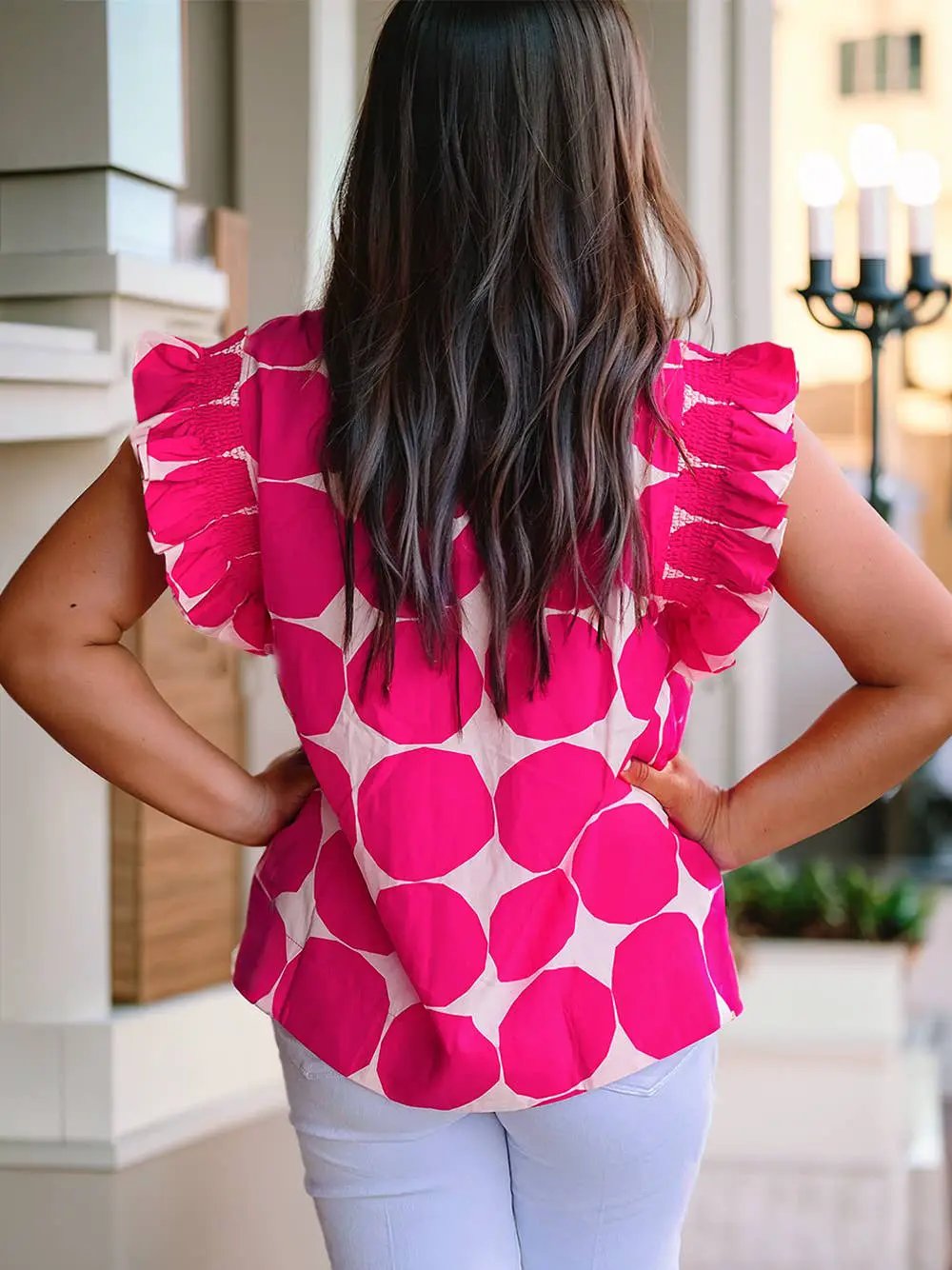 1 the Woman Bubblegum Pattern Frilled Collar Flutter Sleeve Top - Clothing Tops Bubblegum Pattern Frilled Collar Flutter Sleeve Top