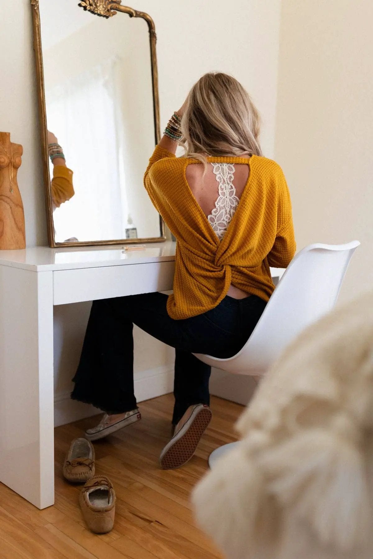 Three Bird Nest Three Bird Nest - Flattering Open Back Fall Thermal Knit Top in Mustard - Sweaters Three Bird Nest - Flattering Open Back Fall Thermal Knit Top in Mustard